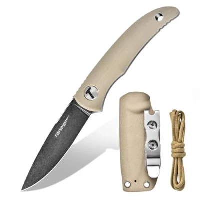 Abbildung von TONIFE Nova Neck Knife mit Scheide Lanyard und Clip, 68mm Feststehendes Klinge Kleine Hals Messer für Outdoor Edc (Warmer Sand+Schwarz Oxid dann Stonewash)