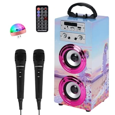 Abbildung von DYNASONIC Karaoke mit 2 Mikrofonen, tragbarer Maschine, Bluetooth Lautsprecher, USB und SD Kartenleser, Lichter, Geschenk für Kinder von 5 bis 13 Jahren (Model 17 Lights)