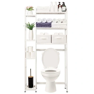 Abbildung von Yorbay Badregal Toilettenregal aus Bambus, Weiß WC Regal 79x23,3x166 cm, mit 2 Körben, mi 7 Ablagen, Multifunktional, Badezimmerregal, Verstellbar