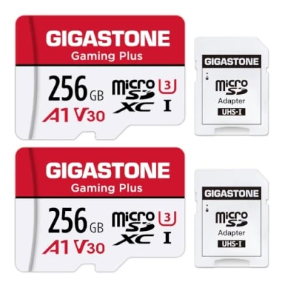 Abbildung von Gigastone Gaming Plus Micro SD Karte 256GB 2er Pack und Adapter, Kompatibel mit Switch, bis zu 100/60 MB/s MicroSDXC Speicherkarte UHS I A1 U3 V30 Klasse 10, 4K UHD Videoaufnahme
