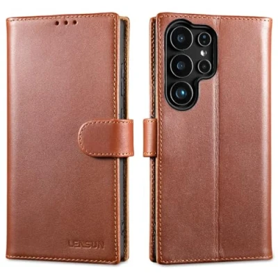 Abbildung von LENSUN Lederhülle für Samsung Galaxy S25 Ultra, Handyhülle [Echtes Leder] [RFID Schutz] Echtleder Hülle Flip Handytasche Ultra 5G Dunkelbraun