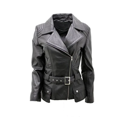 Abbildung von Damen Schwarz Lange Feminine Leder Motorradfahrer Jacke 14