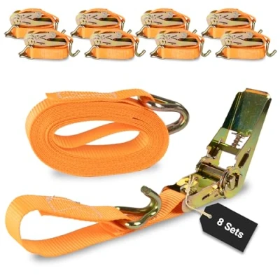 Abbildung von Rapid Spanngurte mit Ratsche 8 Stück 25mm x 6m zweiteilig/bis zu 800kg belastbarer reißfester Zurrgurt/schnelle und sichere Zurrgurte orange/Zurrschlaufen für 800 daN (0,8t)
