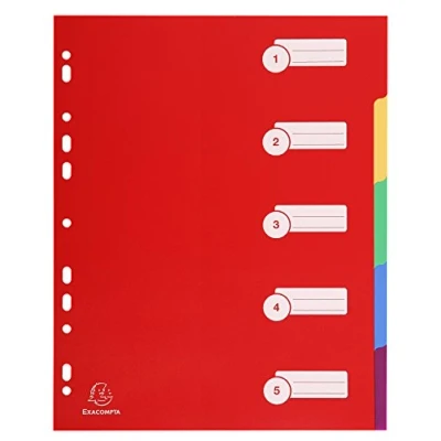 Abbildung von Exacompta 4805E Premium Register für DIN A4 MAXI aus langlebigem Kunststoff 5 teilig volle Höhe 24 x 29,7 cm blickdicht Farben mit Organisationsdruck auf der ersten Seite Trennblätter