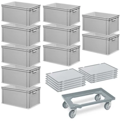 Abbildung von 10 Euroboxen, LxBxH 600x400x320 mm + Scharnierdeckel 1 Transportroller, grau