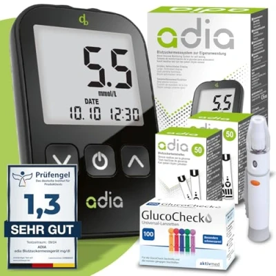 Abbildung von Maxi Sparset : adia Blutzuckermessgerät (mmol) + 110 Blutzuckerteststreifen, Lanzetten, 1 Stechhilfe, Etui, zur Blutzucker Selbstkontrolle bei Diabetes