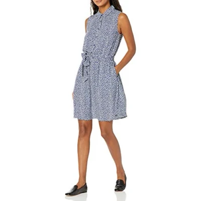 Abbildung von Amazon Essentials Damen Ärmelloses, gewebtes Hemdkleid, Dunkelblau Weiß Blüte, S