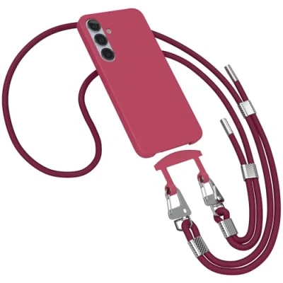 Abbildung von EAZY CASE Hülle mit Band kompatibel Galaxy S25 Plus Handyhülle für Schutzhülle Silikonhülle Mikrofaser Fallschutz Handykette zum Umhängen 2in1 Handykordel Beeren Rot