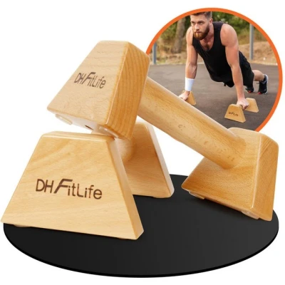 Abbildung von DH FitLife Liegestützgriffe aus Holz 2x gelenksschonende &amp; rutschfeste Handstand Griffe (Parallettes, Dip Barren, Push Up Bars, Calisthenics Equipment für Strength Training), Indoor Outdoor