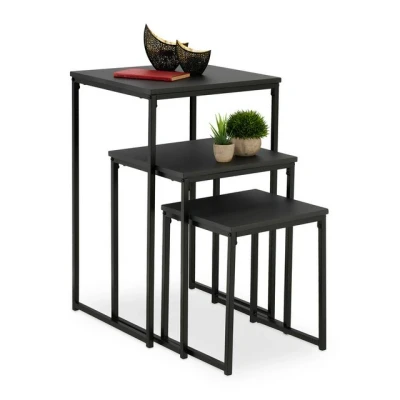 Abbildung von Relaxdays Beistelltisch 3er Set, stapelbar, Satztisch 3 Größen, quadratisch, Metall, Wohnzimmer, Dekotisch, schwarz