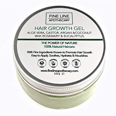 Abbildung von 99% Natürlich HAARWACHSTUMGEL RIZIN, ARGAN &amp; KOKOSÖL mit ROSMARIN EUCALYPTUS 100ml von Fine Line Apothecary. Aloe Vera Gel und Öle zur Förderung des Haarwuchses. Einfach Anzuwenden, keine Tropfen.