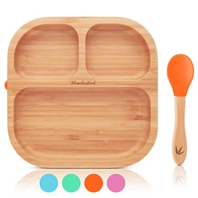 Abbildung von bambuskind Kinderteller mit Saugnapf orange I Inkl. Rezepte Ebook rutschfester Babyteller aus nachhaltigem Bambus flexiblem Löffel Kindergeschirr Set zum Essen lernen
