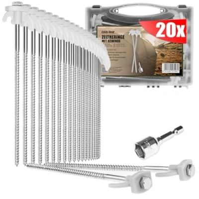 Abbildung von com four® 20x Zelt Heringe aus Stahl Schraubheringe in Transportbox robuste Erdnägel mit Gewinde für Camping und Outdoor Zeltpflöcke ideal harten Boden 220x7mm