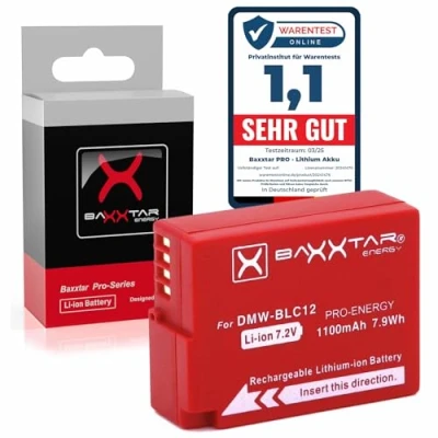 Abbildung von Baxxtar Pro Akku DMW BLC12 E (1100mAh) intelligentes Akkusystem Kompatibel mit Panasonic Lumix DC FZ1000 II G91 DMC GX8 G70 G80 G81 G7 G6 G5 FZ2500 FZ2000 FZ330 FZ300 FZ200 usw.