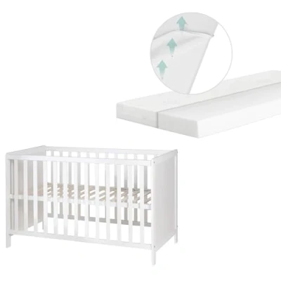 Abbildung von roba 2 in 1 Babybett 60 x 120 cm + safe asleep Matratze Gitter &amp; Beistellbett 6 fach Höhenverstellbar 5 Schlupfsprossen Holz weiß