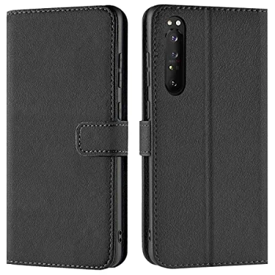 Abbildung von Verco Handyhülle für Sony Xperia 1 III Hülle, Bookcase Tasche Flipcover (3) Case [Kartenfächer/Aufstellfunktion], Schwarz