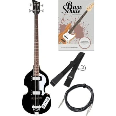 Abbildung von Rocktile VB 2 “Black Magic Vintage Beatbass E Bass Set Hollow Body im Violinbass Design mit Humbucker Pickups inkl. Gitarrengurt, Kabel &amp; Schule Schwarz