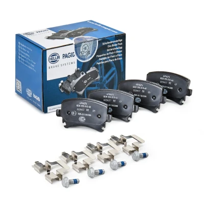 Abbildung von HELLA 8DB 355 010 601 Bremsbelagsatz für Verschleißwarnanzeiger vorbereitet mit Bremssattelschrauben Zubehör VOLKSWAGEN: Touran I
