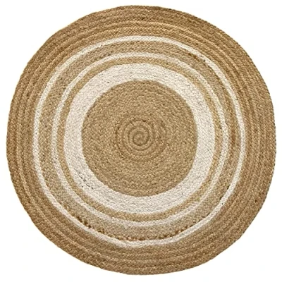 Abbildung von HAMID Jute Teppich Rund, Alhambra Handgewebt 100% Naturfaser de Jute, Wohnzimmer, Schlafzimmer, Flurteppich, Farbe Natur/Weiß, (100x100cm)