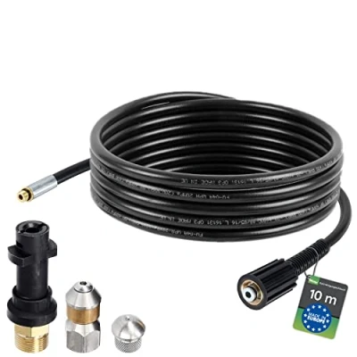 Abbildung von McFilter Hochdruckschlauch Rohrreinigungsschlauch, 10m, 160 bar, kompatibel mit Kärcher, K2, K3, K4, K5, K6, Hochdruckreiniger, inkl. Adapter, Düsen starr + rotierend, (10 St)