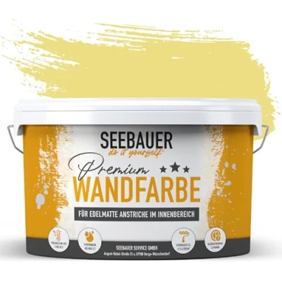 Abbildung von SEEBAUER diy Wandfarbe Gelb 2,5L für Innen (No. 453 Sun Flower) Edelmatte sonnengelbe Innenfarbe Gelbtöne sehr hohe Deckkraft Matt, Abwaschbar und Tropffrei