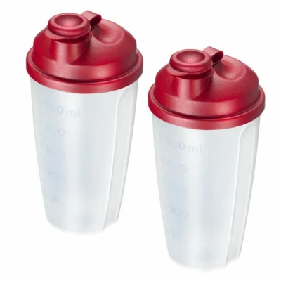 Abbildung von Westmark 2 Mix und Schüttelbecher/Dressingshaker mit Mess Skala, herausnehmbarer Mixscheibe verschließbarem Ausgießer, Fassungsvermögen: 0,5l, Kunststoff, BPA frei, Farbe: Transluzent/Rot