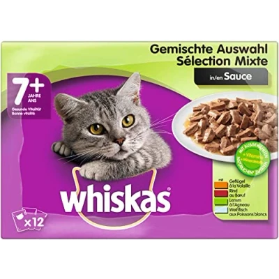 Abbildung von Whiskas 7+ Katzennassfutter Gemischte Auswahl in Sauce Hochwertiges Feuchtfutter 48 Portionsbeuteln für Katzen ab 7 Jahren und älter Katzenfutter 4er Pack (4 x 12 Portionsbeutel à 100g)