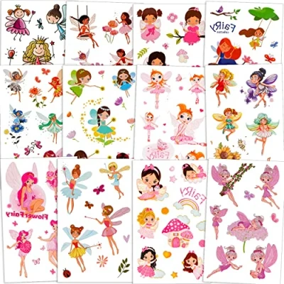 Abbildung von Qpout Blumenfee Temporäre Tattoos für Mädchen (120 + Stk.), Gartenfee Prinzessin Fee Tattoo Aufkleber Wasserdichte Kinder Geburtstag Party Mitgebsel Dekor Geschenk