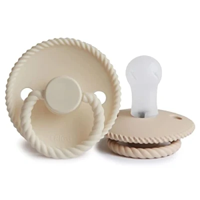 Abbildung von FRIGG Rope Silikon Schnuller 2 Packung Symmetrischer Sauger in Kirschform BPA frei Hergestellt Dänemark (Cream/Croissant, Größe 1 (0 6 Monate))