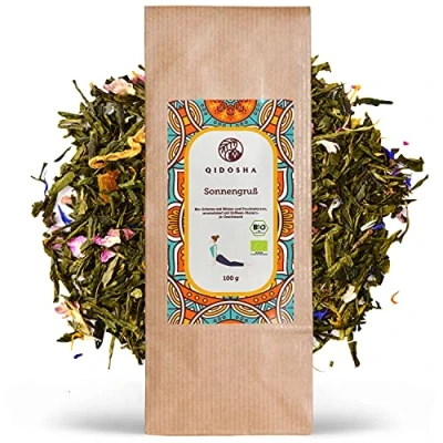 Abbildung von QIDOSHA® Sonnengruß, BIO Grüner Tee lose mit Rosenblütenblättern, Erdbeer und Maracuja Fruchtstücken, Bergamotte Öl, Ringel Sonnenblumenblüten, 100 g loser Grüntee in Qualität