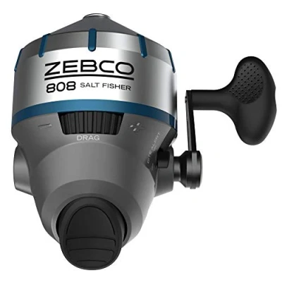 Abbildung von Zebco 808 Salzwasser Spincast Angelrolle, Edelstahlspulenabdeckung mit ABS Einsatz, Quickset Anti Reverse und Bisswarnung, vorgespult 9,1 kg Cajun Angelschnur, Größe 80, Silber