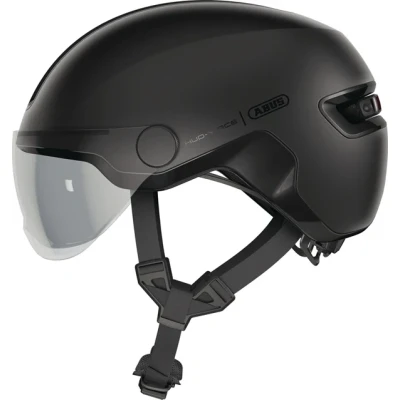 Abbildung von ABUS Stadthelm HUD Y ACE stylischer Fahrradhelm mit Visier und magnetischem, aufladbarem LED Rücklicht für Damen Herren Schwarz, Größe S
