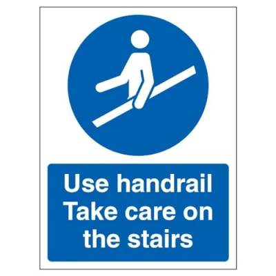 Abbildung von VSafety englisches Schild „Use Handrail Take Care On The Stairs“,150 x 200 mm, 1 mm starrer Kunststoff