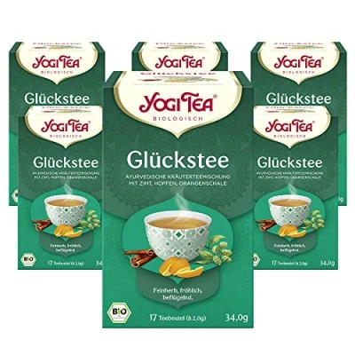 Abbildung von Yogi Tea Glückstee, Ayurvedischer Bio Gewürz und Kräutertee, Teebeutel, Mischung aus Zimt, Hopfen Orangenschale, Tee 6er Pack, 6x17 Beutel (102 Teebeutel insgesamt), Ideal als Geschenk