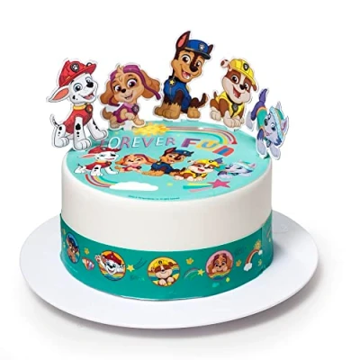 Abbildung von Kardasis Paw Patrol mit Zuckerbändern und Papierfiguren Essbarer Aufleger für Torten Kuchen Tortendekoration den Themengeburtstag 20cm + 3 Band 28x5cm 4 Figuren