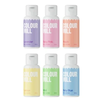 Abbildung von Colour Mill Oil Blend Pastel Lebensmittelfarben auf Ölbasis Lebensmittelfarben: Lavender, Baby Pink, Peach, Blue, Mint, Lemon Food Coloring für Tortendeko Set/6