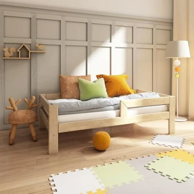 Abbildung von Need Sleep Montessori Bett Kinder Kinderbett 90x200 cm mit Rausfallschutz und Lattenrost Juniorbett Kleinkind Kleinkindbett Jugendbett für Mädchen Jungen aus Holz