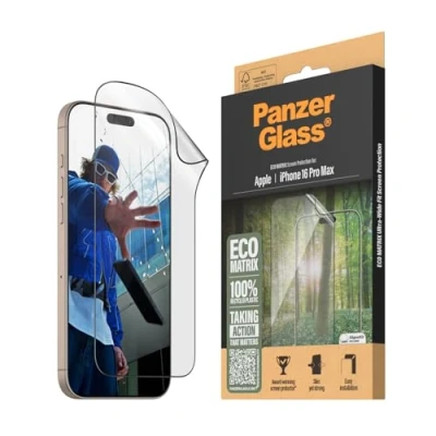 Abbildung von PanzerGlass® Eco MATRIX Displayschutz für Apple iPhone 16 Pro Max 100% recycelter Kunststoff, hohe Kratzfestigkeit, stoßfest, umweltfreundlich mit Montagehilfe einfache Installation