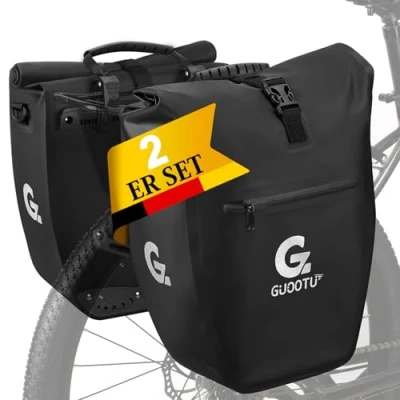 Abbildung von GUOOTU 2 Er Set Fahrradtasche Gepäckträger 64L,aus Tarpaulin Hinten Gepäckträgertasche mit Reflektoren, Tragegriff und Schultergurt(Schwarz 32L, 2er Set)