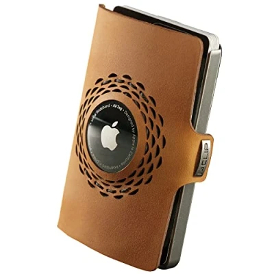 Abbildung von I CLIP Original für Apple AirTag mit Geldklammer Portemonnaie Slim Wallet Geldbörse kompatibel Herren Beige silbernem Rahmen