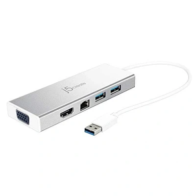 Abbildung von j5create USB 3.0 Hub mit HDMI, VGA, RJ45 Gigabit Ethernet, 2xUSB A 3.1 Schnelle Datenübertragung für Mac, Windows, Desktop PC Unterstützt bis zu 2K Auflösung (JUD380)