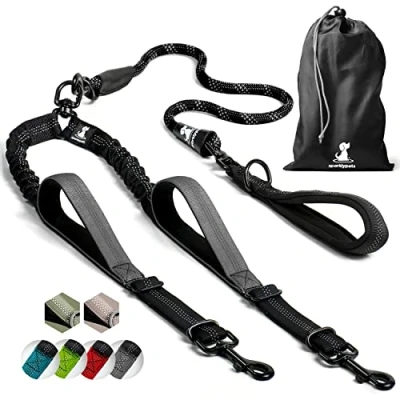 Abbildung von Hundeleine für 2 Hunde mit Bungee Verlängerung Große und Mittelgroße Ruckdämpfer Reflektierende Elastische zum Spazierengehen (Schwarz)