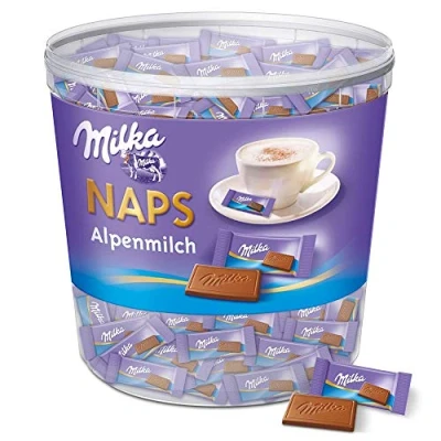 Abbildung von Milka Naps Alpenmilch 1 x 1kg, Zartschmelzende Mini Schokoladentäfelchen aus feiner Alpenmilchschokolade, Dose