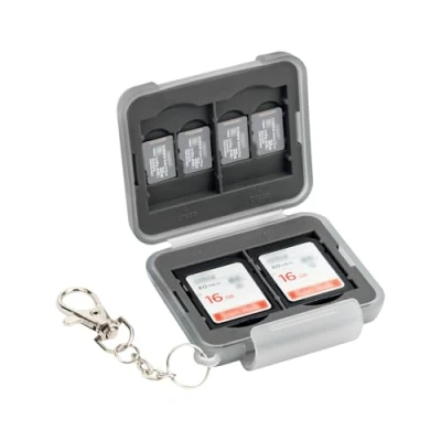 Abbildung von PROfezzion Multi Memory Card Case Speicherkarten Schutzbox für 4 x SD SDHC SDXC Karten mit Karabiner Kurzer Kette Wasserdicht und Stoßfest Box Safe Tasche