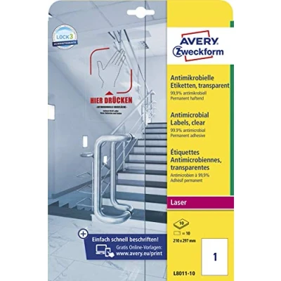 Abbildung von AVERY Zweckform L8011 10 selbstklebende Folie antibakteriell A4 (entfernt 99,9% aller Bakterien, Viren, Keime, Hygieneaufkleber, permanente Etiketten für Türgriffe, Kontaktflächen) Blatt
