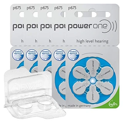 Abbildung von 30x Power One 675 Hörgerätebatterien 5x6er Blister PR44 Blau 24600 + Aufbewahrungsbox für 2 (10, 13, 312, 675), Batteriebox Knopfzellen bis 12 mm x 6 (Ø H)