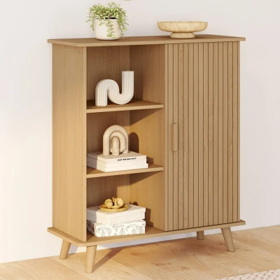 Abbildung von Beistellbuffet mit 3 Regalen und Schrank 70 cm JULIETTE Effekt Latten Holzleisten IDMarket