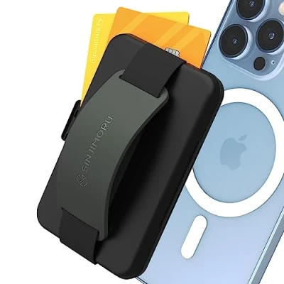 Abbildung von Sinjimoru Magnet Handy Kartenhalter für MagSafe, Kreditkartenetui als Handyständer Tisch und Fingerhalter Magnetic Card Holder Wallet iPhone 16 15 14 13 12 Reihe. M Zip Olivgrau