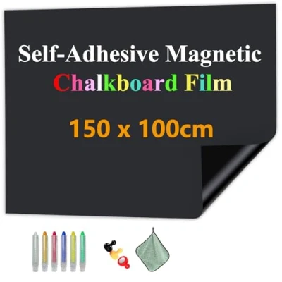 Abbildung von JOMUSAGA Tafelfolie Magnetisch Selbstklebend, 150 x 100 cm Magnetfolie, Abwischbar Kreidefolie, Magnettafel Folie Kind Wand für Haus Büro Schule, mit Wasserbasierende Kreidemarkern&amp; Magnete &amp; Tuche