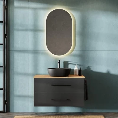 Abbildung von Planetmöbel LUX Badmöbel Set Waschbecken mit Unterschrank 90 cm, Aufsatz 42 cm schwarz, Spiegel 50 (ohne LED), Waschbeckenunterschrank Gold Eiche/Anthrazit